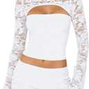 Womens Sexy 2 Piece Mini Skirt Set Long Sleeve Lace Cutout Top Double Lace Mini Bodycon Skirt Y2K Going Out Outfits