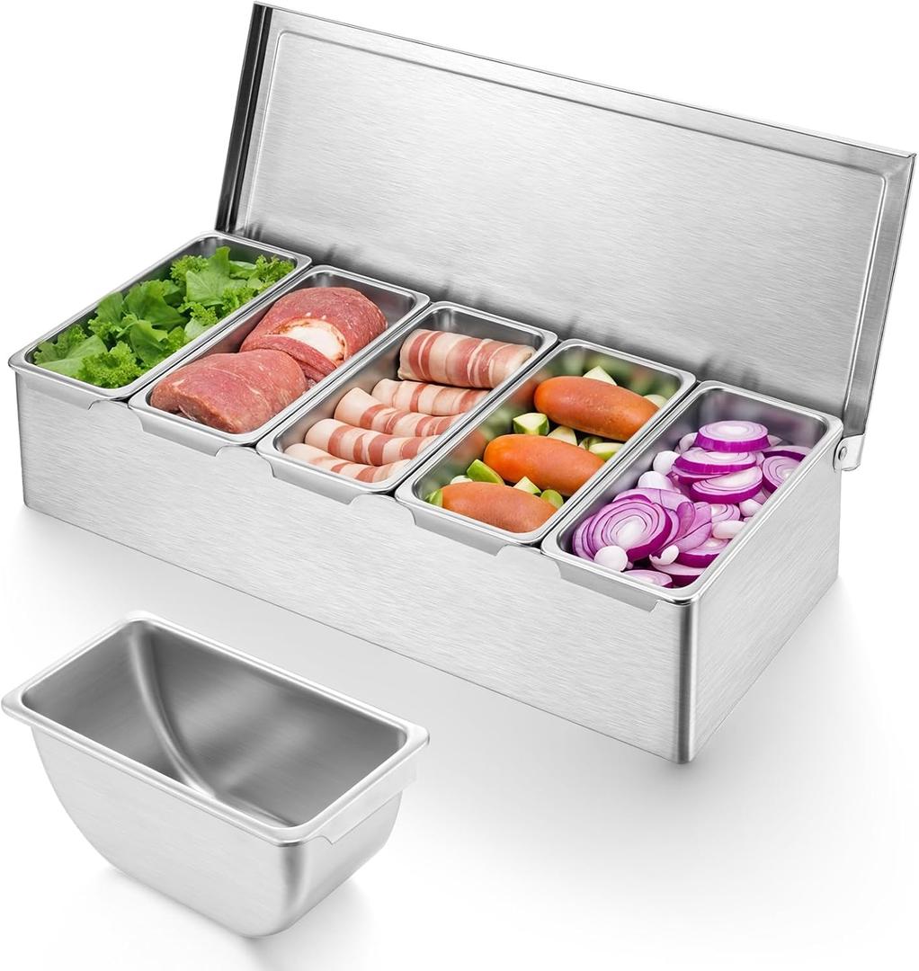 Pizza Topping Station, Condiment Station, Stainless Steel Pizza Topping Station with 5 Removable Containers for Salad Bar and Nacho Bar Topping Station and Grill Table