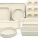 Martha Stewart Gallen 10 Piece Baking Pans Ceramic PFA Free Non Toxic Non Stick Bakeware Set - Linen White