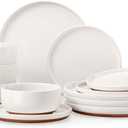 E-far 12-Piece Stoneware Dinnerware Sets, Plates and Bowls Sets for 4, Ceramic Dishware Dishes Set with Terracotta Base, Chip & Scratch Resistant, Microwave & Dishwasher Safe, Speckled White