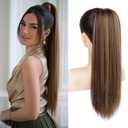 SEIKEA Ponytail Extensions Drawstring Long Straight Fake Pony Tail Natural Soft Clip in Hair Extension Synthetic Heat Resistant Hairpiece 20 Inch Chocolate Brown with Blonde Highlights