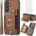 Asuwish Phone Case for Samsung Galaxy S24 Wallet Cover with Tempered Glass Screen Protector and Wrist Strap RFID Credit Card Holder Ring Stand Cell Accessories S 24 24S G5 SM-S921U Women Men Brown