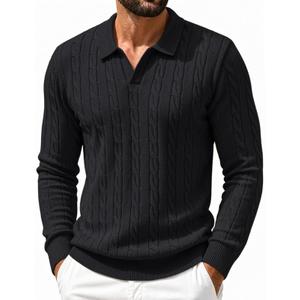 COOFANDY Mens Polo Sweater Long Sleeve Classic Twisted Knitted Pullover (Black, XL)