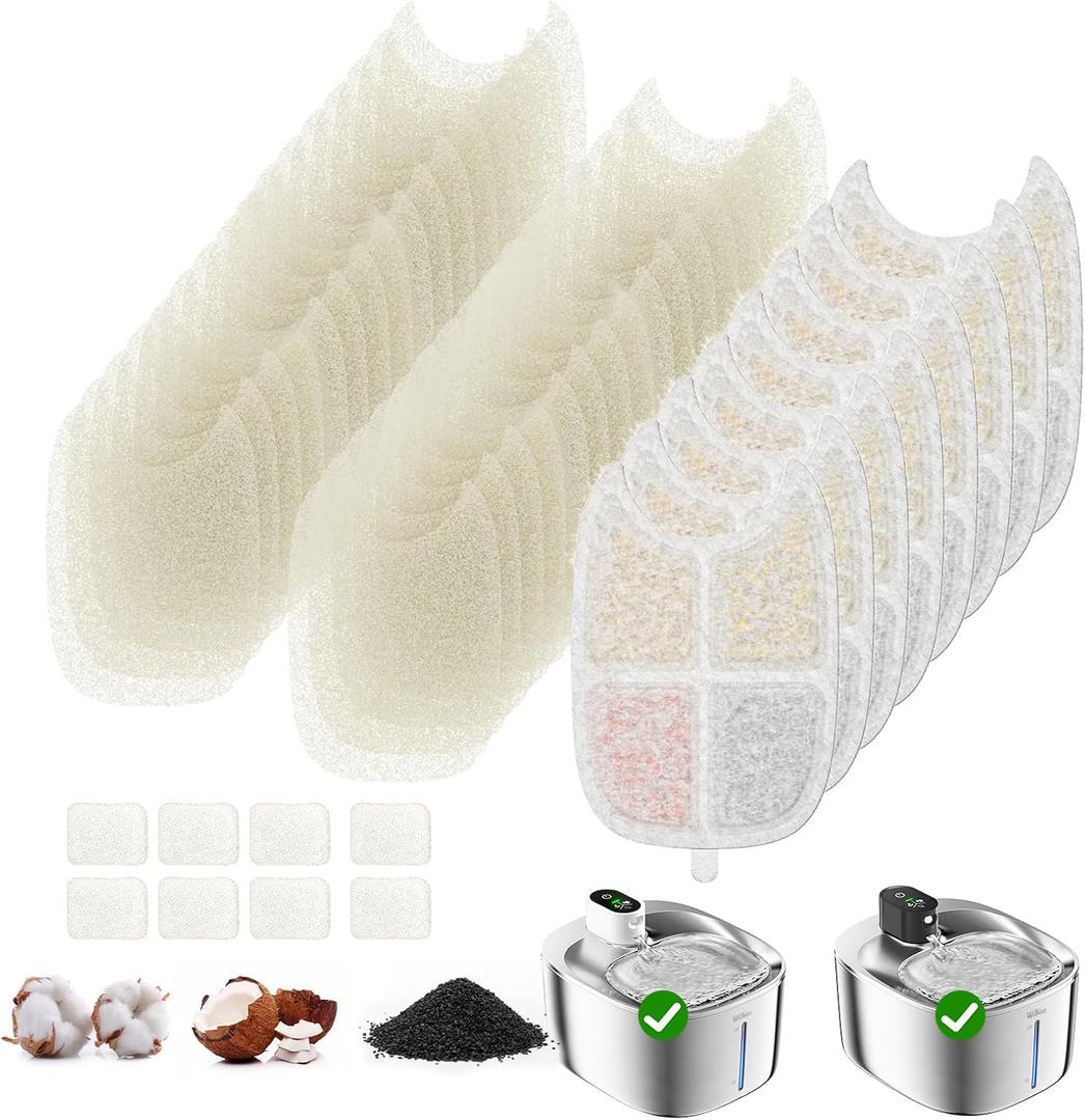 Filters Replacement Filter for FS10 Plus Cat Fountain, 6 Layer Filter, Pet Drinking Fountain for 138 fl oz/4.1L FS10 Plus (White, 8 Filters + 32 Sponges & 8 Pump Filters)