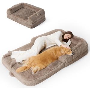 Bedsure Foldable Human Dog Bed - 2 in 1 Flexible Giant Human Dog Bed for Adult People with Supportive Bolster Egg Foam, Waterproof Liner, Calming Fluffy Faux Fur Orthopedic Big Bean Bed, Camel