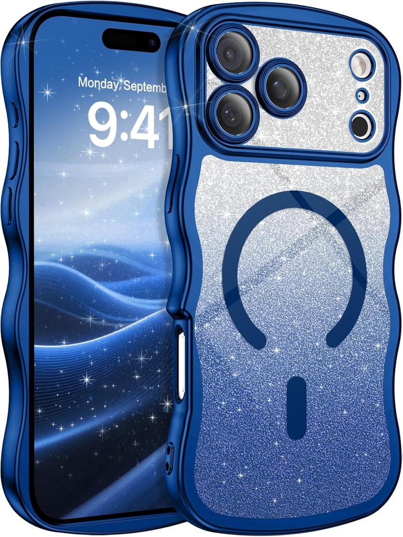 BENTOBEN for iPhone 17 Pro Max Case Clear, [Compatible with MagSafe][Full Camera Protection][Cute Wave Frame][DIY Glitter Cardstock] Electroplated Wavy Shockproof 17ProMax Phone Case 6.9", Deep Blue