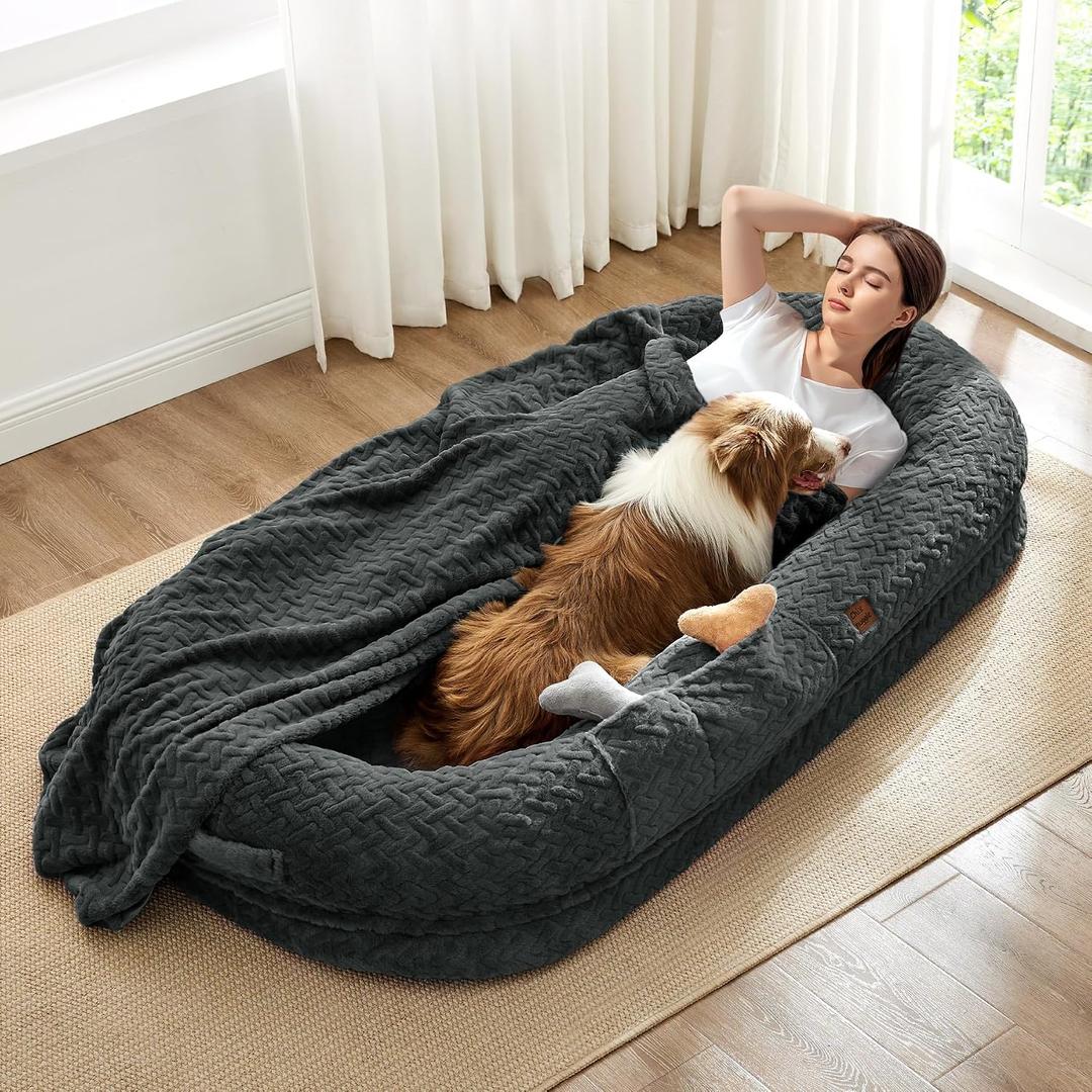 Human Dog Bed for Adult - Luxury Faux Fur Giant Size Dog Bed with Portable Handle, Egg Orthopedic Foam with Blanket, 72"x40"x10", Dark Grey