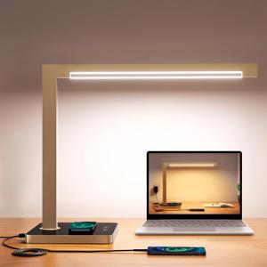 Aluminum LED Desk Lamp with Charging Station, Large 15W Table Lamp with Type-C Ports & 4 Color Temperature Modes(3000K-6000K), Dimmable Desk Light for Home Office,Bedroom (Includes Adapter) (Gold)