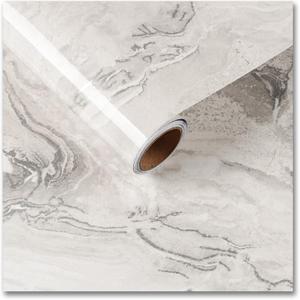 CRE8TIVE Beige Silver Marble Countertop Contact Paper 12"x354" Glossy Liquid Marble Contact Paper for Cabinets Waterproof Self Adhesive Removable Wallpaper for Kitchen Bedroom Drawer Liners Lockers