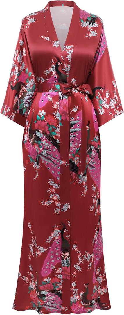 BABEYOND Women's Kimono Robe Long Satin Robes with Peacock and Blossoms Printed Kimono Nightgown (Winered) One Size