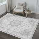 PureCozy Grey Gray Area Rug 4x6 Washable Vintage Carpet for Office Living Room Soft Retro Low Pile Thin Indoor Rug Non Slip Oriental Medallion Floor Cover for Bedroom Kitchen Dining Room