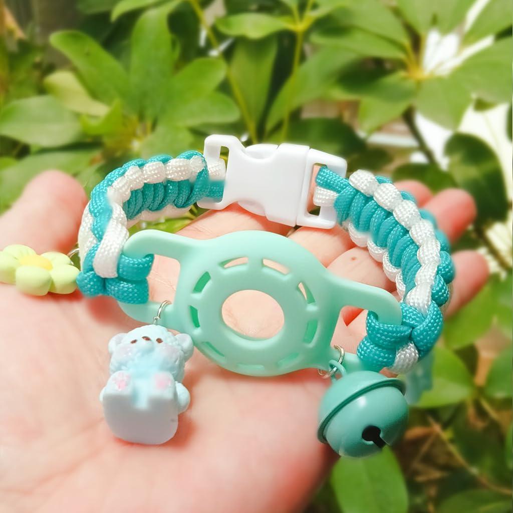 Decorative Pet Collar with AirTag Holder, Bell Charm and Cute Accessories, Non-Adjustable (Mint Green, S(20-22cm))