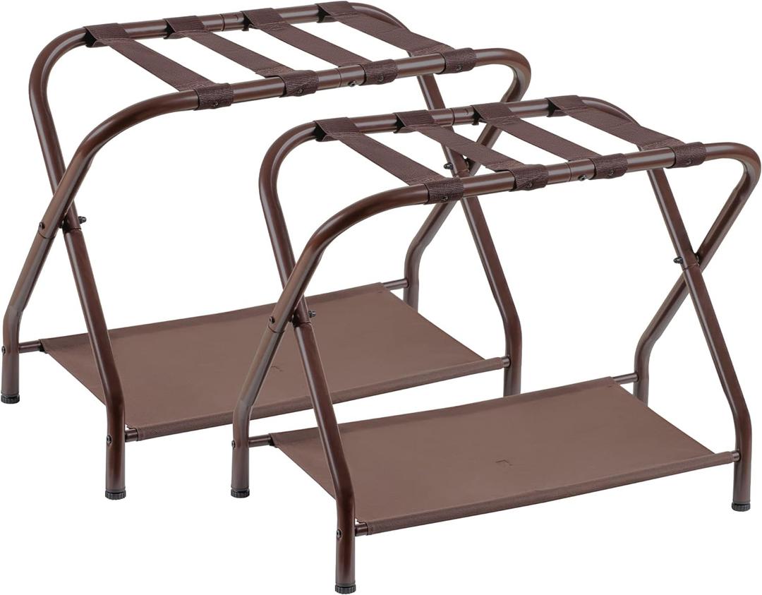 Heybly Luggage Rack, Pack of 2, Steel Folding Suitcase Stand with Storage Shelf for Bedroom, Hotel, Foldable Steel Frame, Guest Room Bedroom Hotel, 26.2" L x 14.4" W x 20.5" H, Brown, HLR004Z2