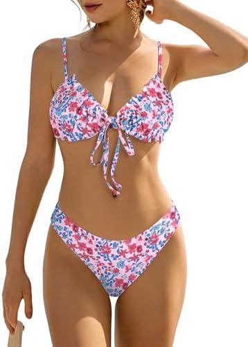 ZAFUL Women's Triangle Bikini Floral Ruffles Bow Tie Up Bikini Set Two Piece Swimsuit (Pink, Medium)