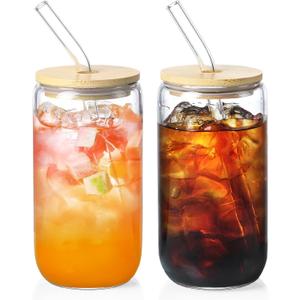 2 Pack Glass Cups with Bamboo Lids and Straws 16 oz, Gifts for Women, Drinking glasses set, Iced Coffee, Tea Cup, Cute Aesthetics Tumbler Cup, Mothers Day, Birthday Gifts for Her Mom