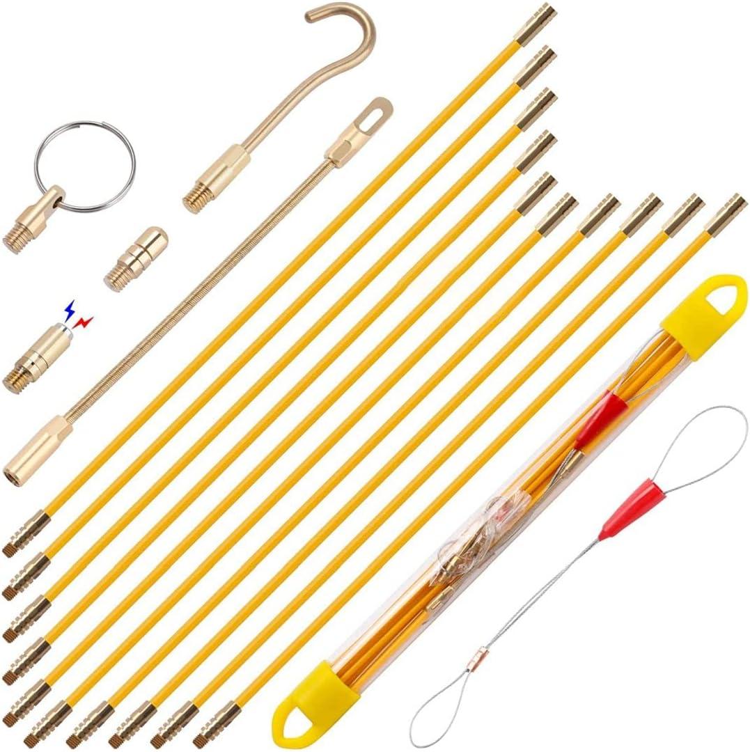 33' Fiberglass Running Electrical Wire Cable Pulling Fish Tape kit with 5 different attachments in a Carrying Case (33FT-10 Rods)