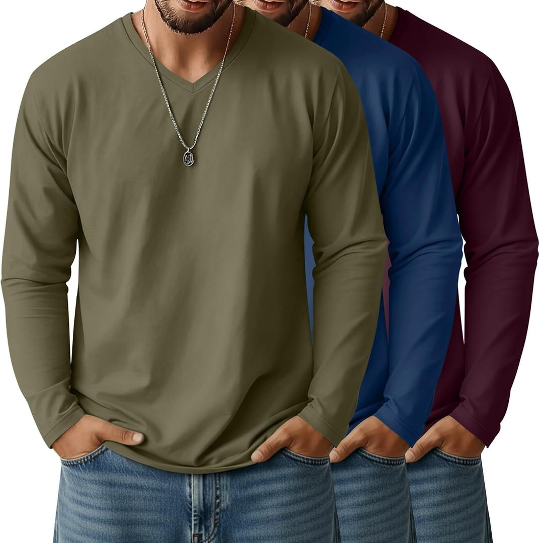 Ficerd 3 Pack Big and Tall Shirts for Men V Neck Cotton Long Sleeve Tee L-7XL Casual Loose Tops Oversized Basic T Shirts