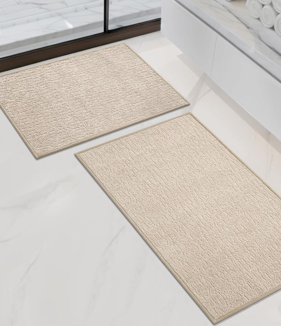 chakme Bathroom Rug Sets 2 Piece, Ultra Thin Bath Rug Set Quick Dry Bath Mat, Absorbent Bath Mat for Bathroom Non Slip Machine Washable, (Light Beige) | 24"L x 17"W