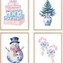 Boat Wades Chinoiserie Christmas Winter Wall Art Prints Set of 4, Grandmillennial Pink and Blue Xmas Tree Candy Cane Snowman Posters Pictures Wall Decor for Bedroom Home Office, 8x10 Unframed
