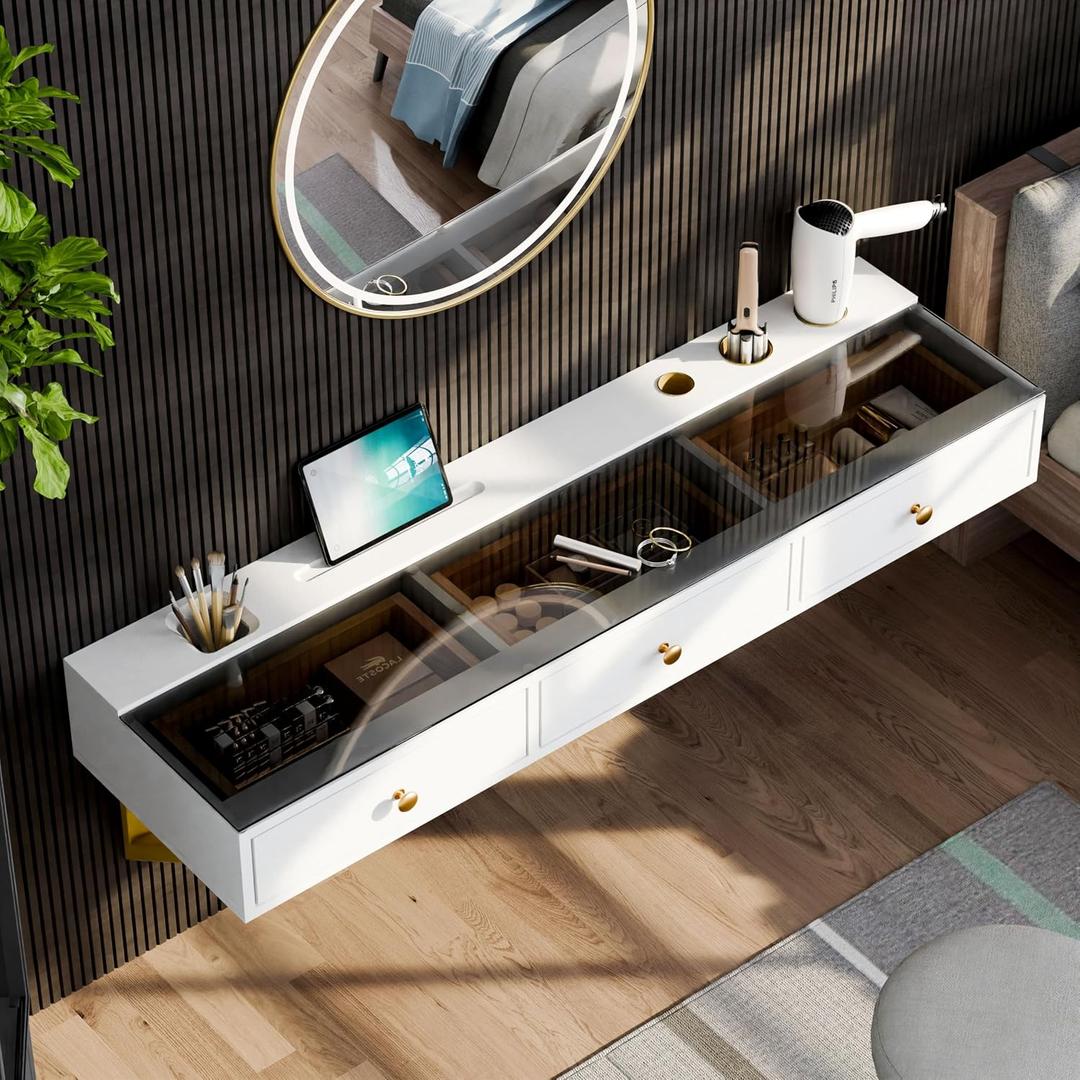 IEO 47" Floating Vanity Makeup Table,Wall Mounted Desk with 3 Drawers Storage,Hanging Floating Small Space Vanity Table for Bedroom, Dressing Room,Warm White