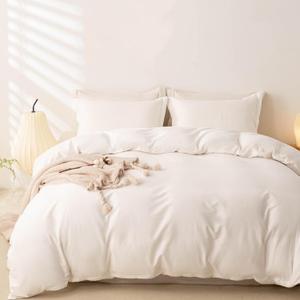 OAITE 100% Washed Cotton Duvet Cover King Size Soft Breathable Durable Bedding with Zipper Closure & 8 Corner Ties- 3 Pieces Plain Simple Duvet Cover Set,2 Pillow Shams,1 Duvet Cover(104"x90") (Beige White)