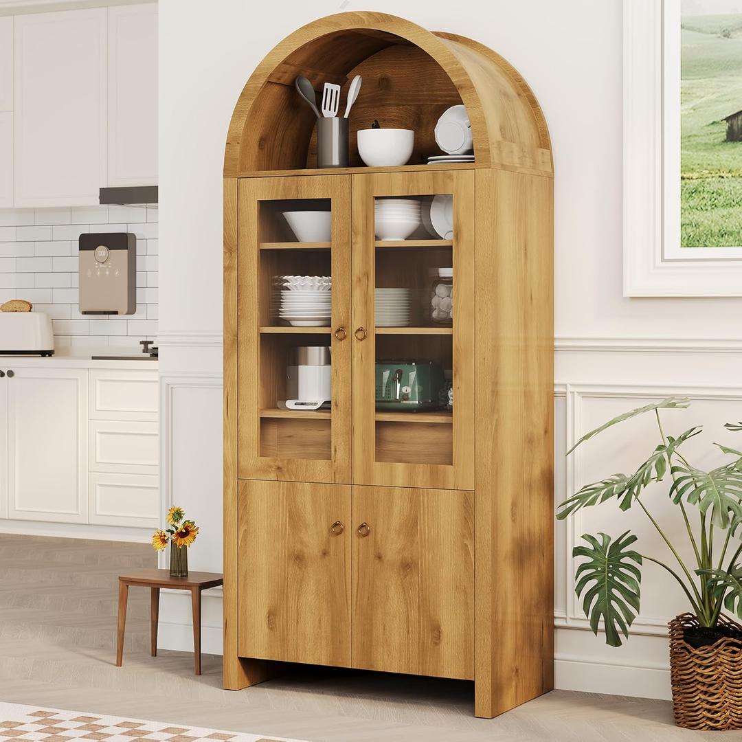 Garvee 71 in Tall Arched Cabinet with Doors, Arched Kitchen Pantry Cabinet with a Hidden Drawer, Adjustable Shelves, Modern Display Storage Cabinets for Living Room, Dining Room