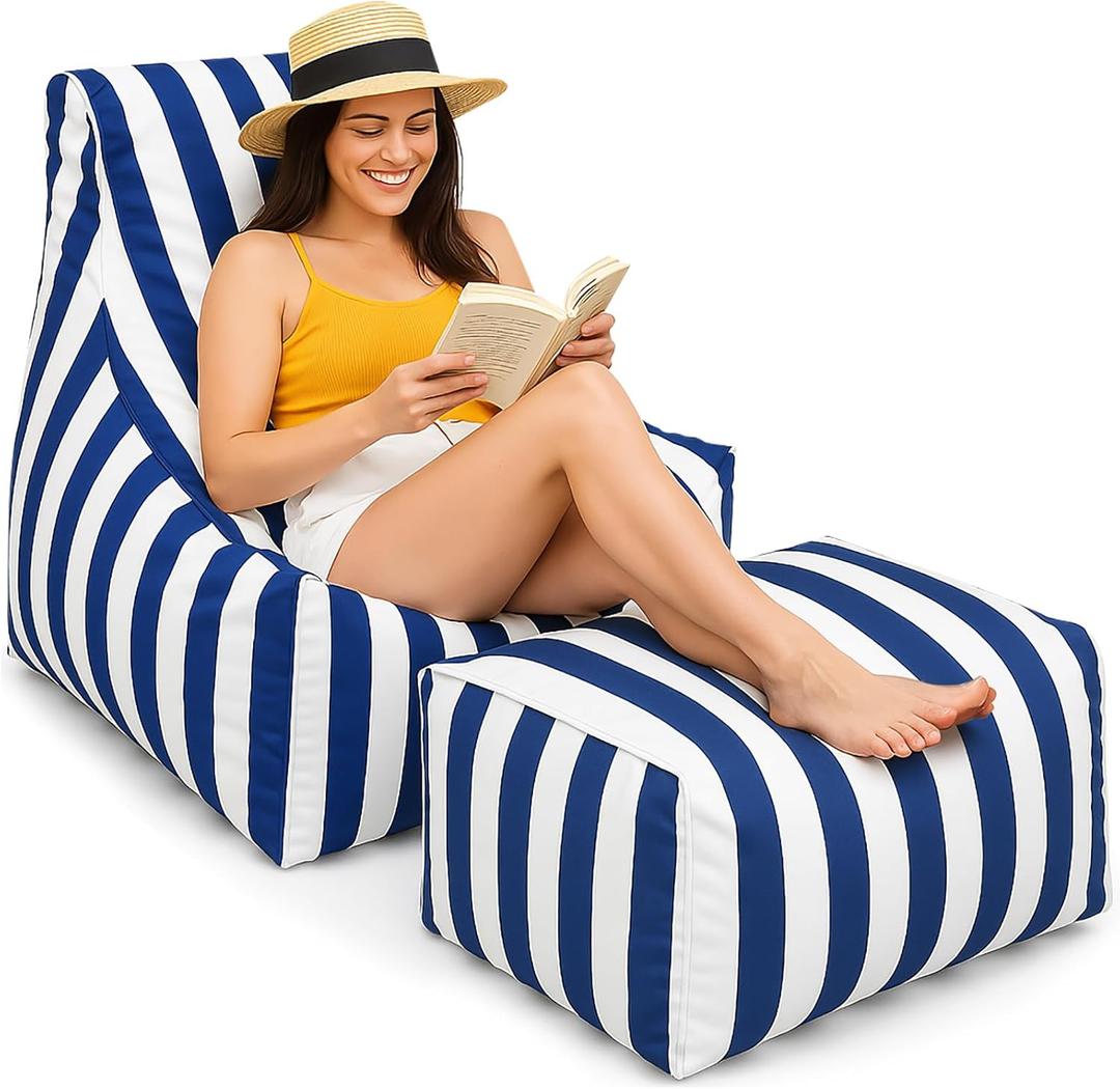Briwooody Outdoor Bean Bag Chair with Ottoman, Large Patio Lounge Chair for Adults, Thick Filled Lounger for Pool, Deck, Backyard Relaxation Seating(Blue, White Stripes)