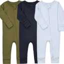 Aablexema Baby Cotton Fooltess Pajamas with Mitten, 3-pack Infant Romper Zip Up One Piece Jumpsuits Outfit (6-12 Months, Navy& Olive& Light Blue)