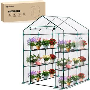 Yesker Greenhouse 57.5"x57"x77" Walk In Green House - Large Outdoor/Indoor Greenhouses with 8 Shelves Waterproof PVC Cover & Windows, Portable Greenhouse Kit for Winter Backyard Gardening Patio, Clear