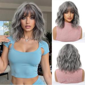 Ombre Gray Short Wigs Human Hair Bob with Bangs for Women - Wavy Curly Heat Resistant Shoulder Length Everyday Stylish Look (Ombre Blonde,16 Inch)