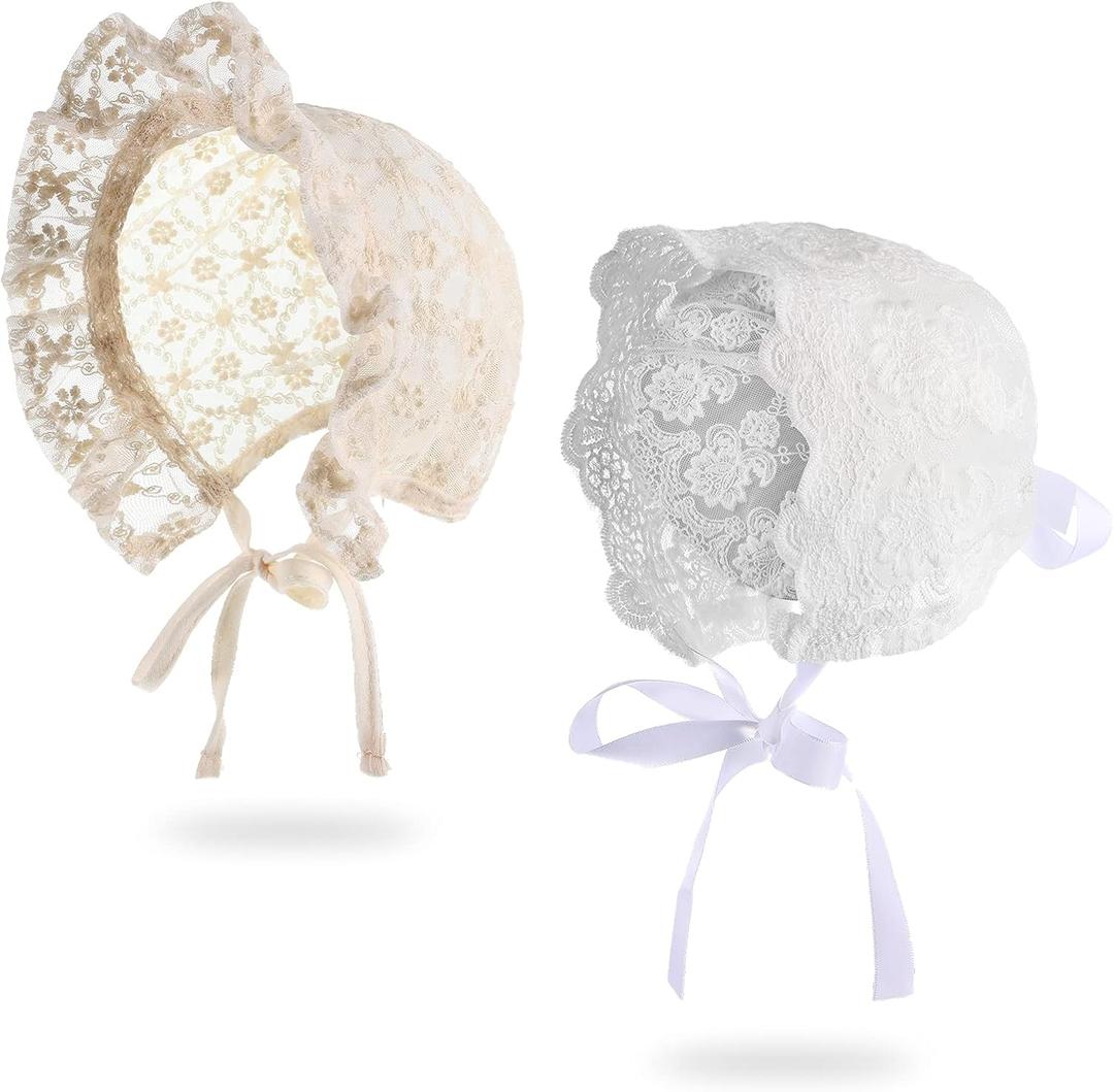 Unittype 2 Pieces Baby Girl Lacy Bonnet Eyelet Lace Christening Bonnet Cap Toddlers Beanie Breathable Sun Protection Hat White,40- 44cm 16.5-17.3 inches in head circumference