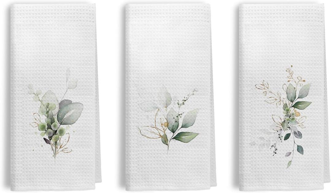 Sage Green Eucalyptus Botanical Kitchen Towels Set of 3, Farmhouse Spring Green Leaf Decorative Dish Tea Towels for Kitchen, Watercolor Greenery Hand Towels for Bathroom Decor, 16x24 Inch