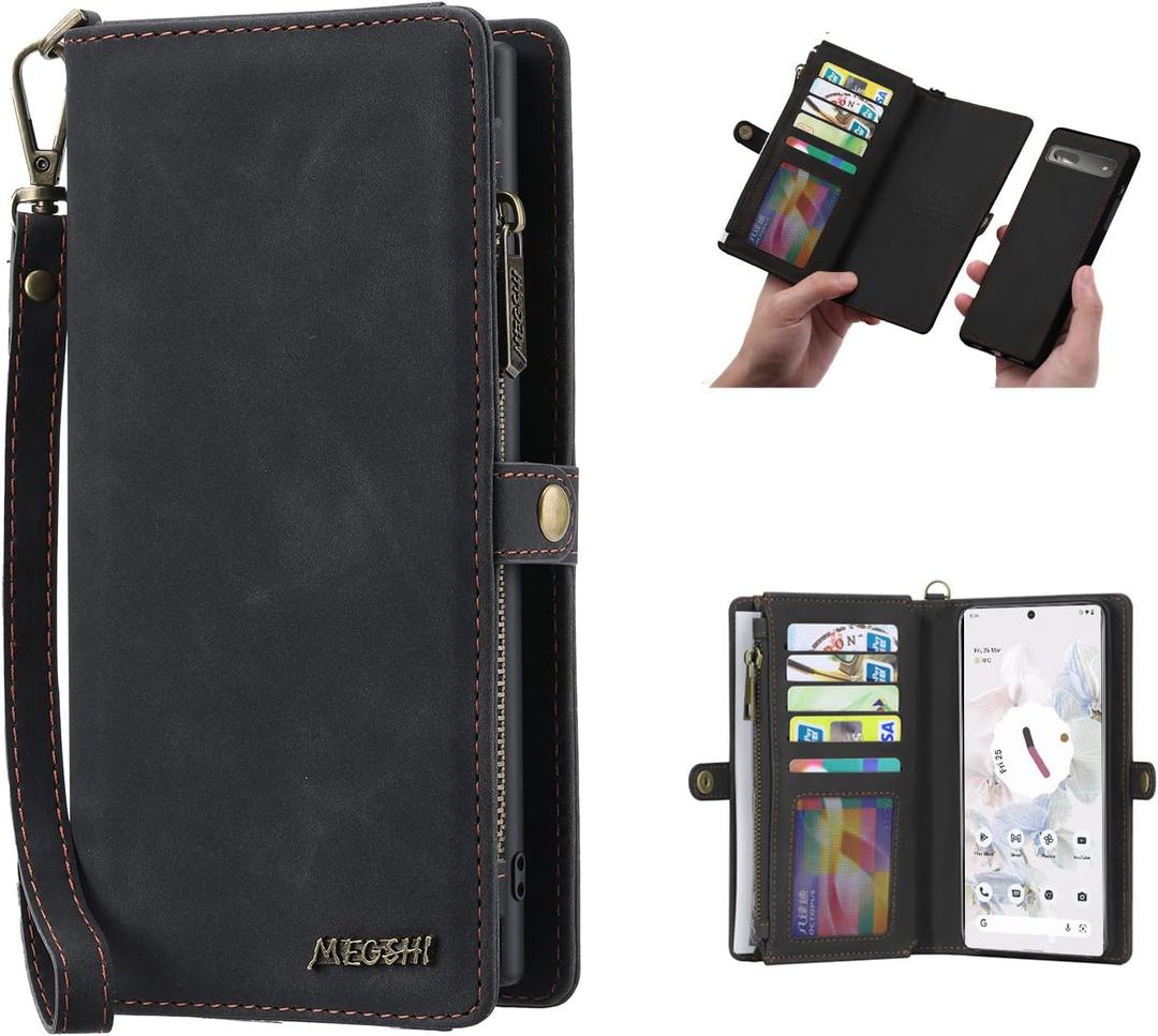 Pixel 8 Pro Wallet case, Pixel 8 Pro Flip Leather case Card Slots Holder Zipper Purse Detachable Magnetic Cover Hand Strap Cash Pocket Pouch Wallet for Woman Man (Black)