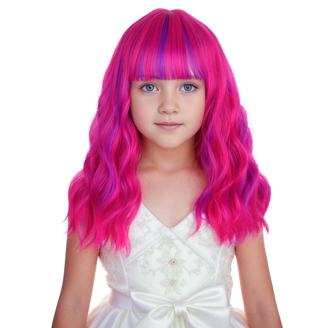 Kids Hot Pink Mixed Purple Wig Child Short Pink Purple Wig with Air Bangs Short Wavy Curly Wigs for Girls Heat Resistant Synthetic Wigs with Cap