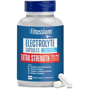Vitassium Extra Strength Electrolyte Capsules - 750mg of Sodium for The Management of POTS and High Sodium Diets, Unflavored - 200 Salt Pills (Size 00) (Best By: 10/2028)