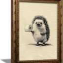 Vintage Gold Framed Fun Bathroom Wall Art, Hedgehog Holding Toilet Paper Painting Canvas Prints, Cute Animal Picture Wall Decor, Interesting Restroom Poster Artwork For Bathroom Home Decor