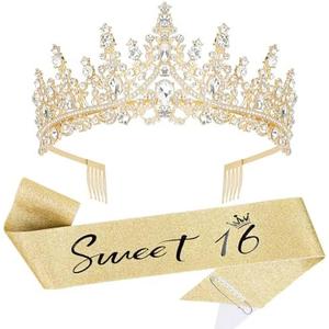 Casoty 16th Birthday Sash and Tiara for Girls, 16th Birthday Decorations Gifts for Girls, Gold Crown and Sweet 16" Sash Set with Pearl Pin