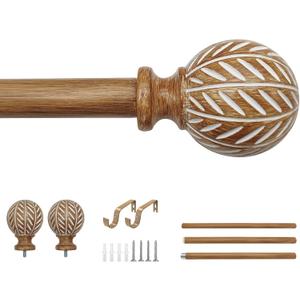 Wood Curtain Rod for Windows 32 to 45 Adjustable Heavy Duty Curtain Rod with Imitation Wood Grain Leaf Pattern Finials, Boho Single Curtain Rod for Living Room, Bedroom, Kitchen, Farmhouse