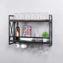 MBQQ Rustic Wall Mounted Wine Racks with 7 Stem Glass Holder,30in Industrial Metal Hanging Wine Rack,2-Tiers Wood Shelf Floating Shelves,Home Room Living Room Kitchen Decor Display Rack,Retro Black