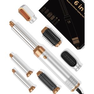 6 in ONE Blow Dryer Brush, Curling Wand Hair Styling Tools Set, Ionic Hot Air Hair Dryer, Massage Oval Hair Dryer, Left&Right Hair Curlers 100-120V (White)