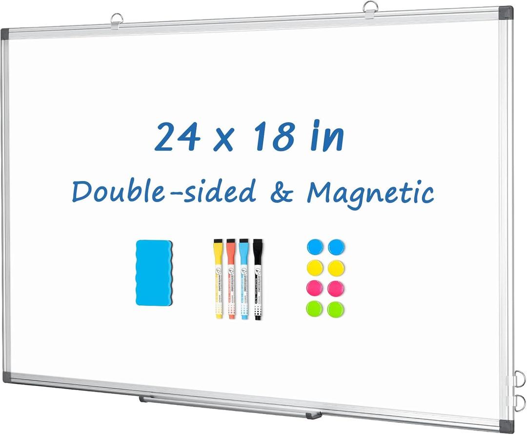 DOLLAR BOSS White Board Magnetic Dry Erase Board, 24 x 18 Inch Double-Sided Whiteboard for Wall Silver Aluminum Frame for Office School Home with 8 Magnets 4 Markers 1 Eraser 1 Detachable Pen Tray
