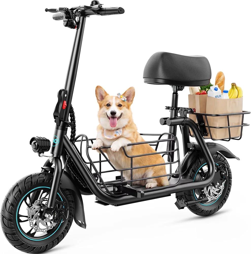 Gyroor Electric Scooter with Seat for Adults 20 Miles Range
550W Motor, Pet Basket, 18.6 MPH Speed, 12" Tires, Foldable Design