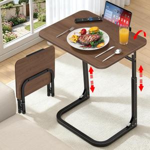 Extra Large TV Dinner Tray Table & End Table, Height & Angle Adjust Laptop Desk, Easy to Install, Foldable &Easy to Store, with Phone & Tablet Stand, for Couch, Bed, Side, Walnut Wood Desktop, Flat