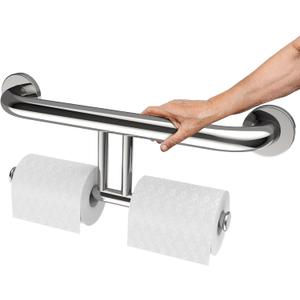 Polished Chrome Grab Bar for Bathroom 17 Inch, Zepolu Stainless Steel 2-in-1 Safety Handrail w/Double Toilet Paper Holder, Wall Mounted Balanced Support Bar Assist Handle for Senior Elderly Handicap