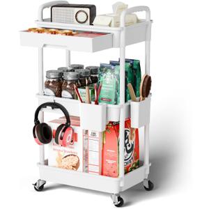 3 Tier Rolling Cart Organizer,Laundry Room Bathroom Organizers and Storage Office Shelves Mobile Shelving Unit Kitchen Trolley Cart with Wheels for Art,Craft,Diaper,Bedside,Snack(White)