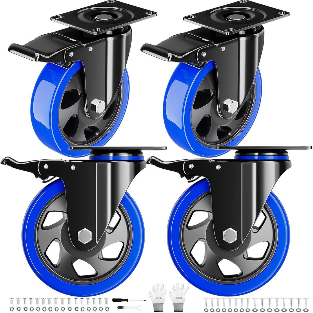 4 Inch Caster Wheels with Brake, Heavy Duty Casters Set of 4, Swivel Top Plate Casters with Double Ball Bearings, Industrial Locking Castor Wheels For Furniture, Workbench, Cabinet(Free Hardware Kits)