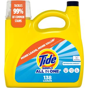 Tide Simply Liquid Laundry Detergent, Refreshing Breeze Scent, 138 Loads, 182 fl oz, All-In-One Detergent