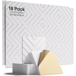 Woovio Sound Proof Foam Panels for Walls, 18 Pack Self-Adhesive Acoustic Panels, 12" X 12" X 0.4" Soundproof Wall Panels for Door, Ceiling, Home Office White