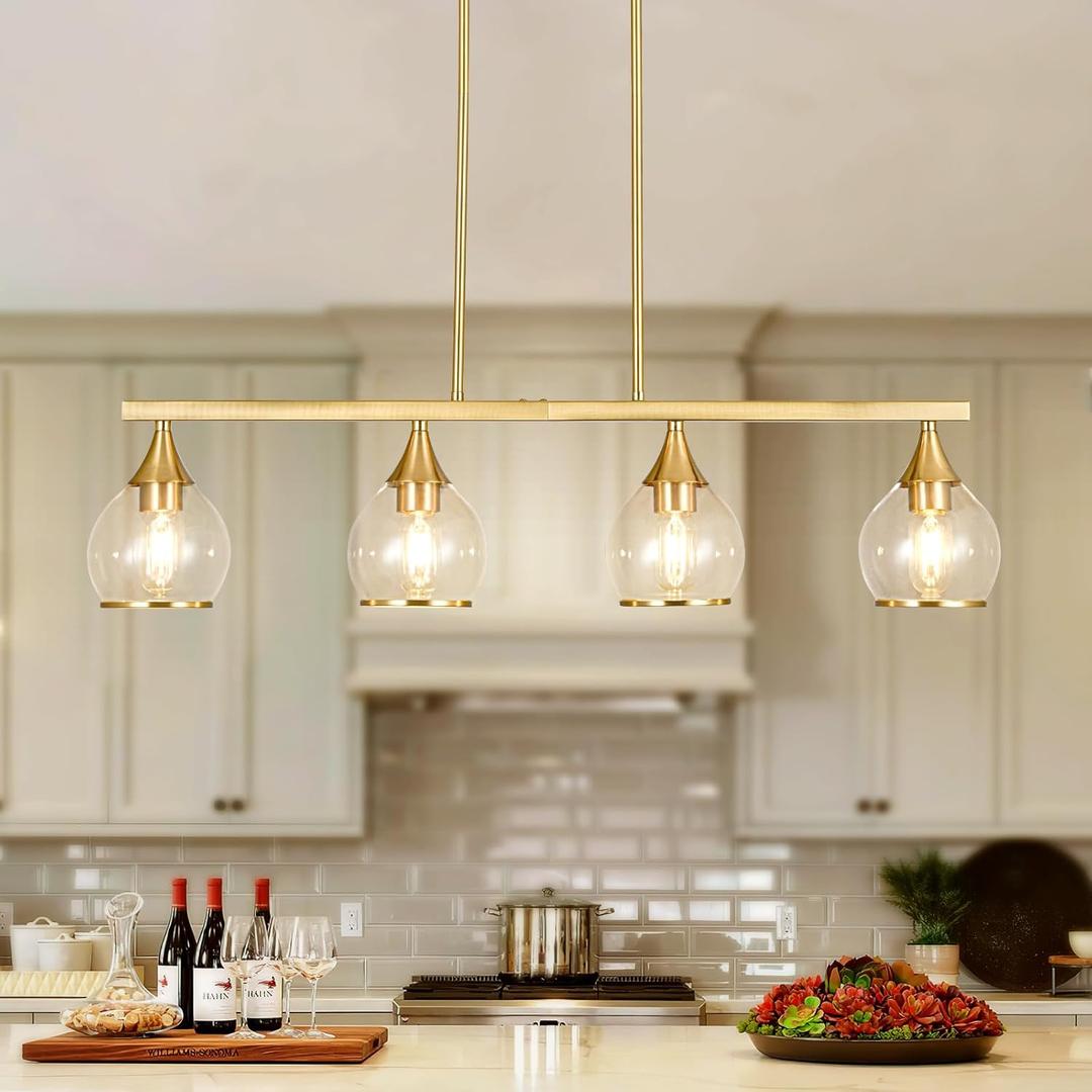 Island Light for Kitchen, 4-Light Gold Kitchen Island Linear Hanging Pendant Chandeliers, Brushed Gold Dining Room Light Fixture Over Table with Clear Round Glass Shades