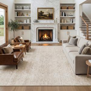 FMFUNCTEX 8x10 Washable Area Rug Neutral Beige Vintage Distressed Oriental Non Slip Low Pile Floral Rug for Living Room Bedroom Cream Traditional Soft Thin Retro Indoor Carpet for Dining Room Office